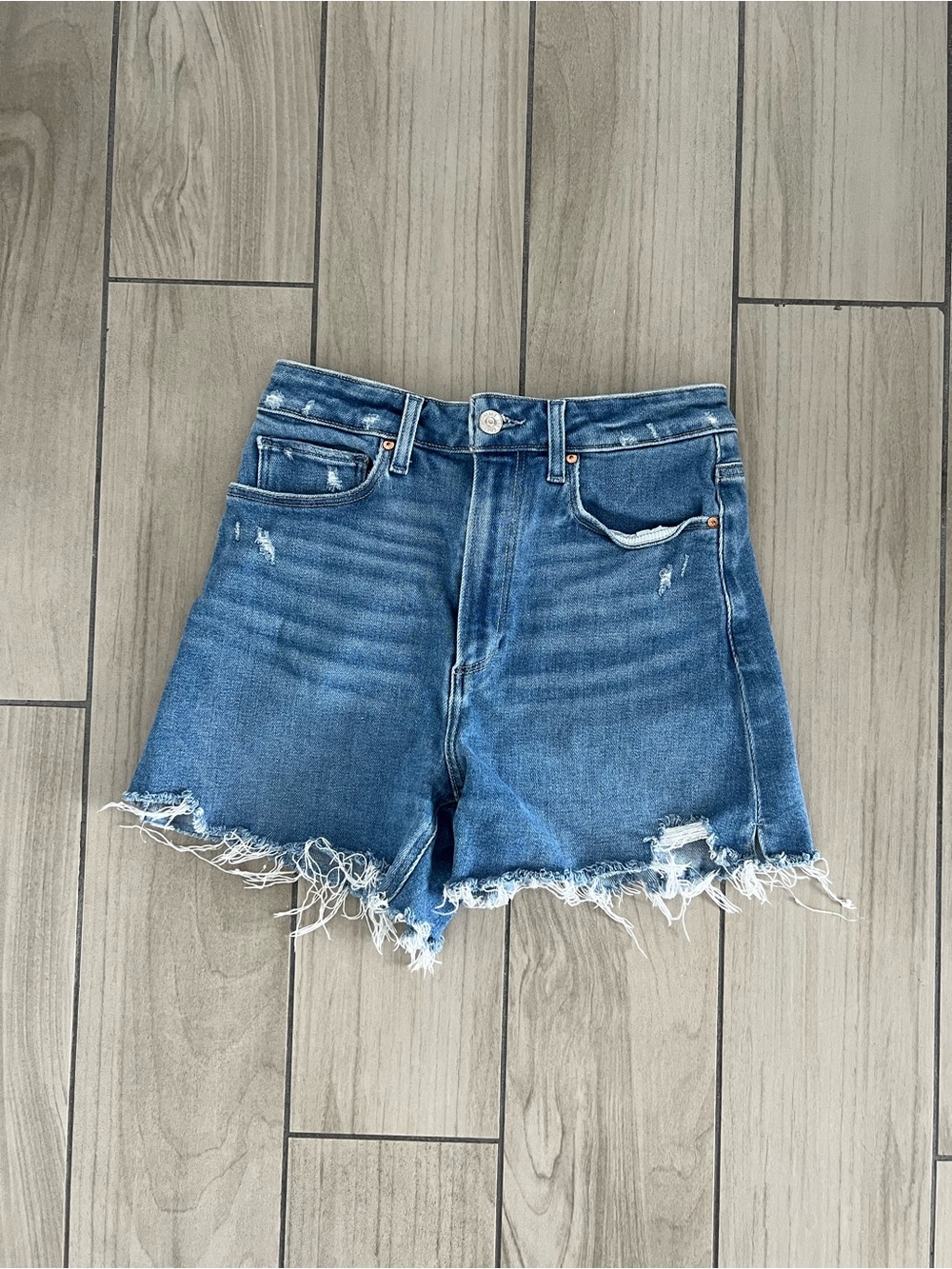 Paige High-Rise Frayed Hem Denim Shorts - Blue